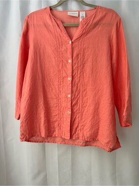 Liz Claiborne Lizsport Linen Blouse M Coral Pintuck Button Down Coastal